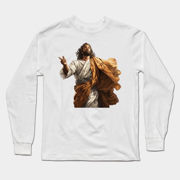 African American Jesus Christ Looking To Heaven Long Sleeve T-Shirt by AI Art Originals